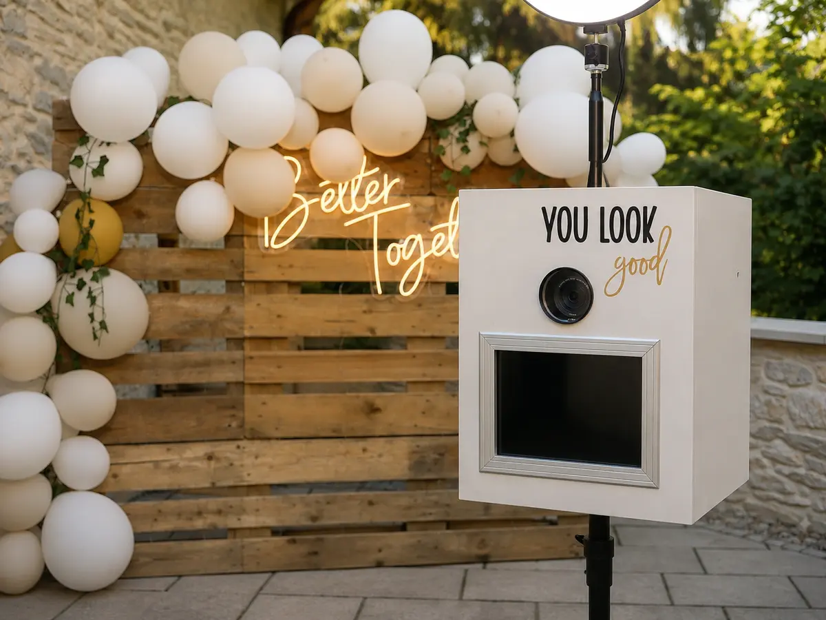 Weiße Fotobox bei einer stilvollen Hochzeit mit festlicher Ballon- und Holzdekoration