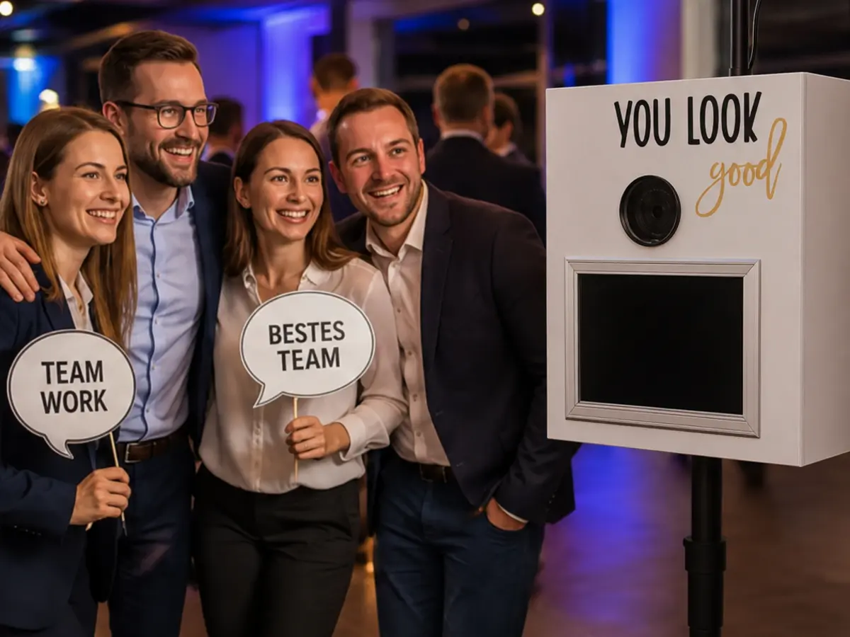 Weiße Fotobox bei einer Firmenfeier und einem Teamevent