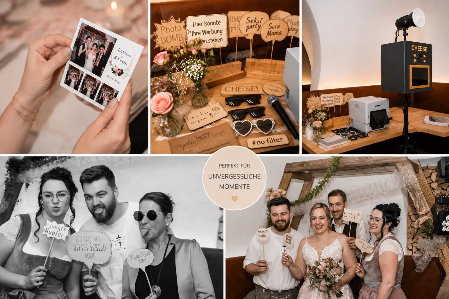 Fotobox-Erlebnis auf einer Hochzeit mit Sofortdruck, Holzrequisiten und Gästen vor der Kamera