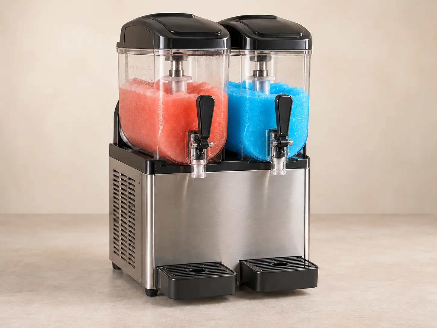 Slush-Maschine mit rotem und blauem Getränk in zwei Behältern
